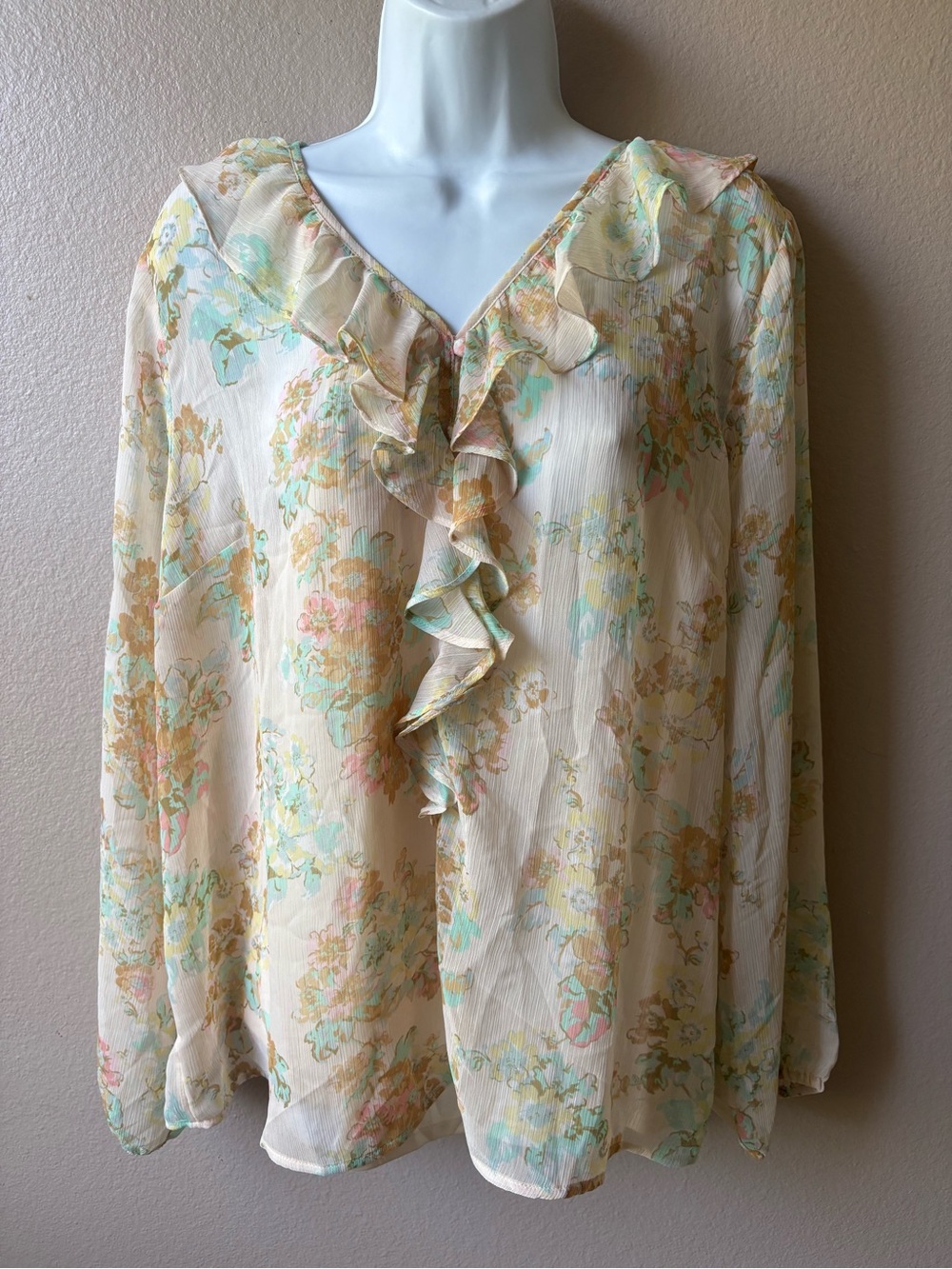 LC Lauren Conrad Floral Ruffle V-Neck Blouse - Cream Floral